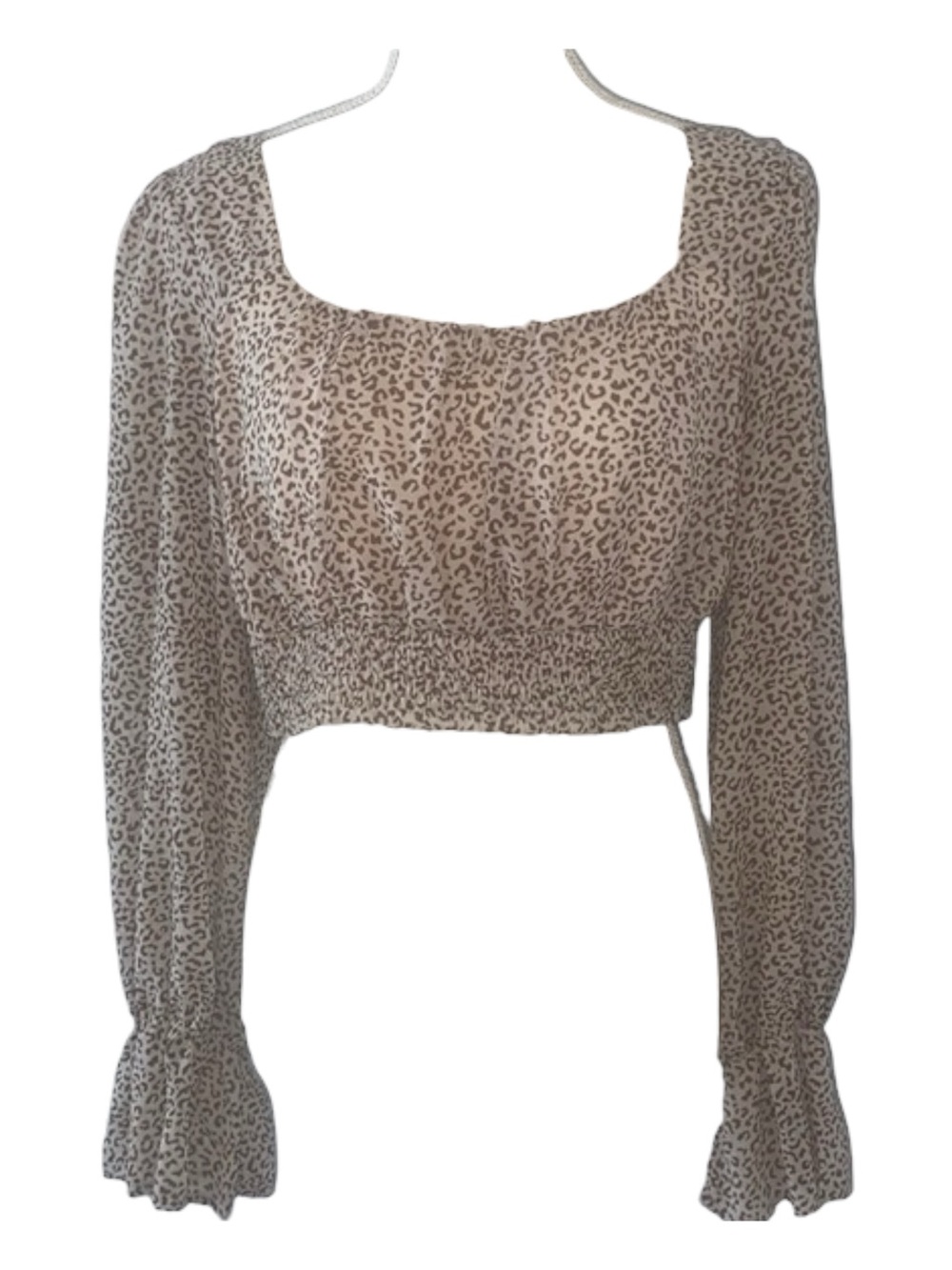 Altar'd State Leopard Print Crop Top Smocked Poet Long Sleeve Boho Blouse - Picture 3 of 6